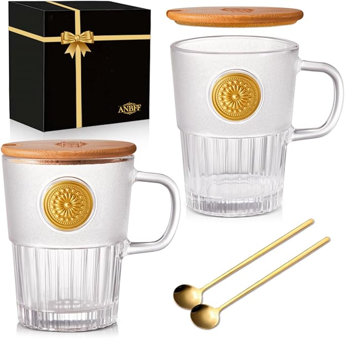Vintage Glass Coffee Mugs Set of 2, 15oz Embossed Glass Coffee Cups with Bamboo Lids and Spoons, Handmade Tea Cups with Handle and Gift Box - for Cappuccino, Latte, Milk