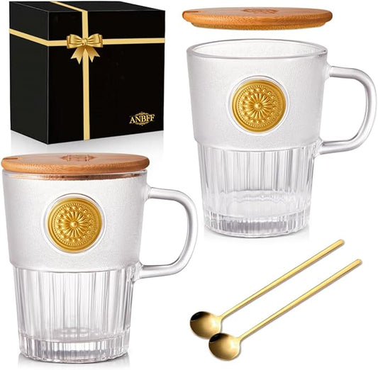 Vintage Glass Coffee Mugs Set of 2, 15oz Embossed Glass Coffee Cups with Bamboo Lids and Spoons, Handmade Tea Cups with Handle and Gift Box - for Cappuccino, Latte, Milk
