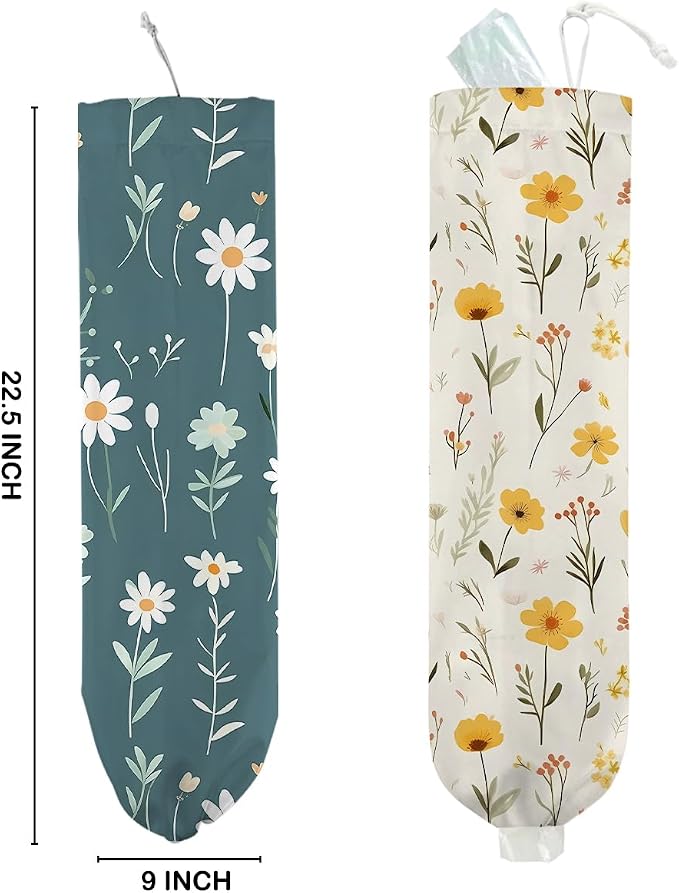 2Pcs Floral Plastic Bag Holder, Wall Mount Trash Bag Holder, Vintage Floral Reusable Grocery Bags Storage Dispenser for Home Kitchen Pantry Farmhouse, Flower Gifts for Women, 22.5x9 Inch - Image 2