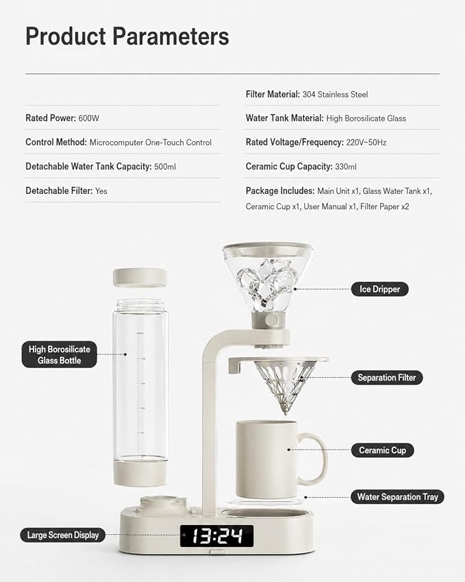 Coffee Alarm Clock Maker Bedside Dual Mode Extractor 500ml Glass Water Tank | Removable Filter Hot Water Dispenser Brewer Timer Brewed Delay Drip Pot Tea Filter Paper Ceramic Cup - Image 8