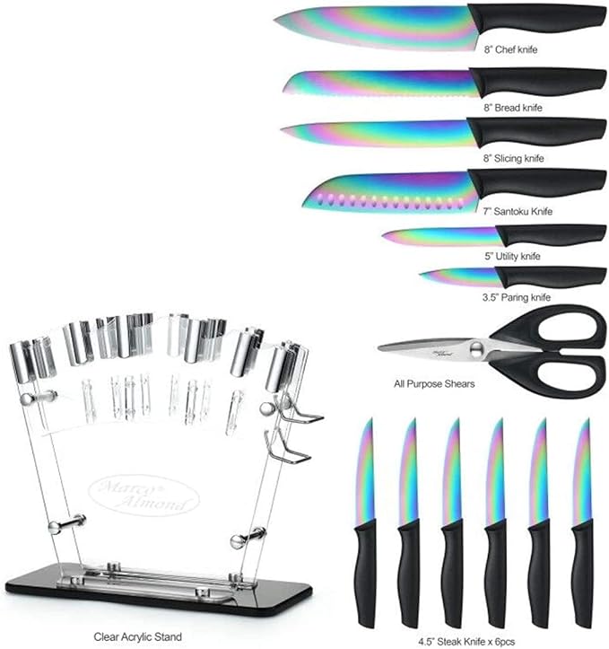 Marco Almond® Knife Block Set,14-Piece Rainbow Color Stainless Steel Knife Sets for Kitchen with block, KYA35 Chef Cooking Knives Set with Acrylic Stand | Rainbow Color Stainless Steel,Knives Set w Acrylic Stand,Razor Sharp,Anti-Rust,Ergonomic Handle,F... - Image 2