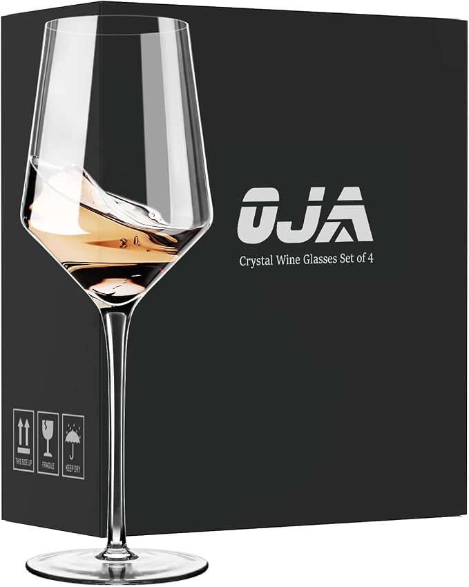 OJA Wine Glasses Set, Crystal White Hand Blown Wine Glass, Set of 4,15 oz | Thin Rim, Long Stem, Modern, Perfect for Red or White, Daily Use, Unique Wedding Anniversary or Birthday Gift by oja