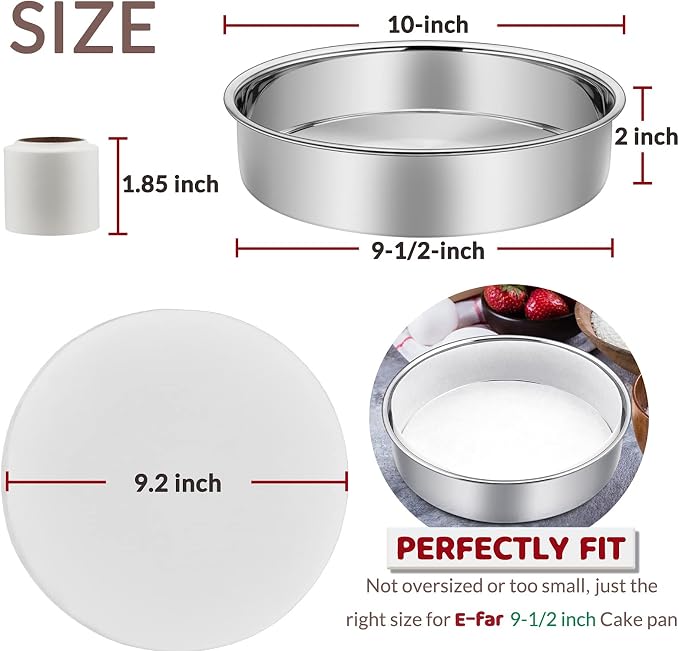 E-far 9½ Inch Cake Pan Set of 2, Stainless Steel Round Layer Cake Baking Pans with Parchment Rounds & Side Liner Roll, Non-Toxic & Healthy Metal Cakes Tin, Straight Side & Dishwasher Safe - Image 2