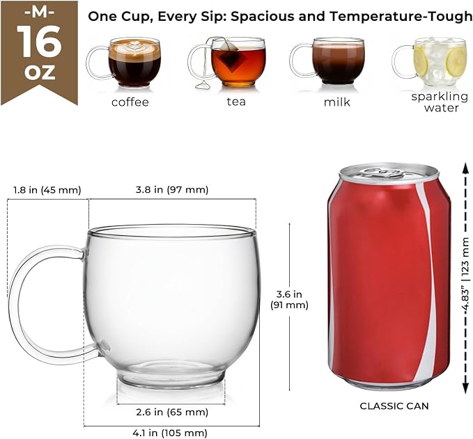 Aquach 16oz Glass Coffee Mugs Set of 2, Clear Borosilicate Tea Cups | Dishwasher & Microwave Safe, Single-walled, for Hot & Cold Beverages, Smooth Rim, Handle Comfort, Crystal Clear Transparency - Image 5
