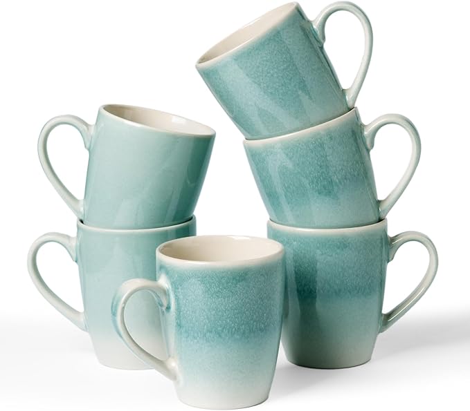 famiware Coffee Mugs Set, 13oz Mug Set of 6, Stoneware Cups for Latte, Hot Tea, Mocha, Cocoa, Cappuccino, Microwave and Dishwasher Safe, Glacier Series, Aqua by Famiware