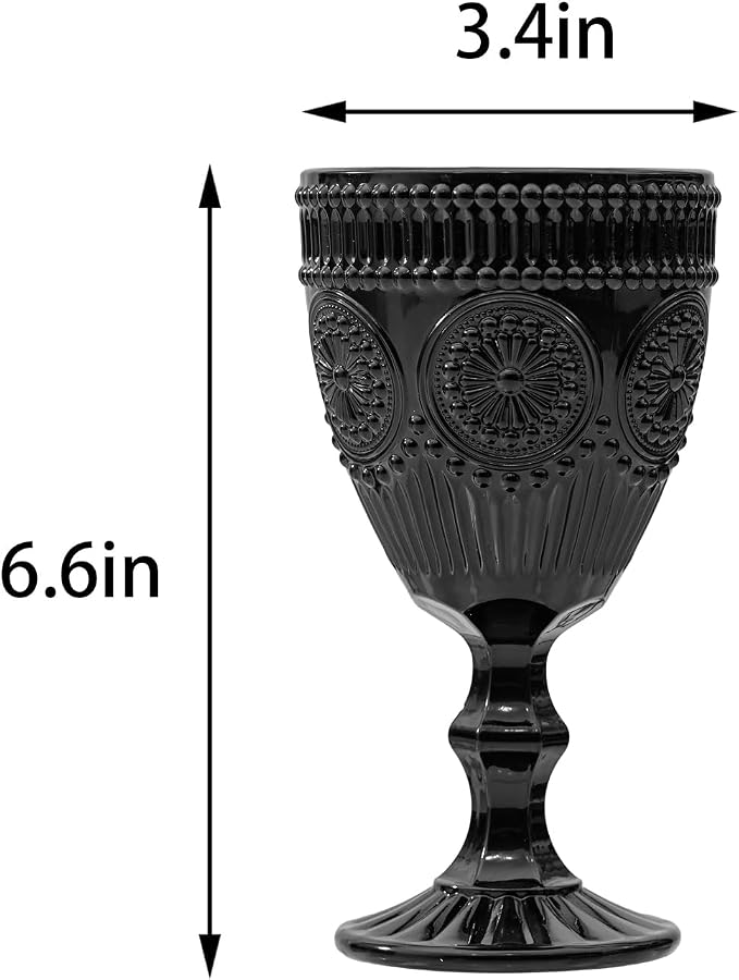 Black Vintage Wine Glasses Set of 6, 10 Ounces Colored Glass Water Goblets, Unique Floral Embossed Pattern High Clear Stemmed Glassware Wedding Party Bar Drinking Cups Fancy Glasses Hand Wash Only - Image 6