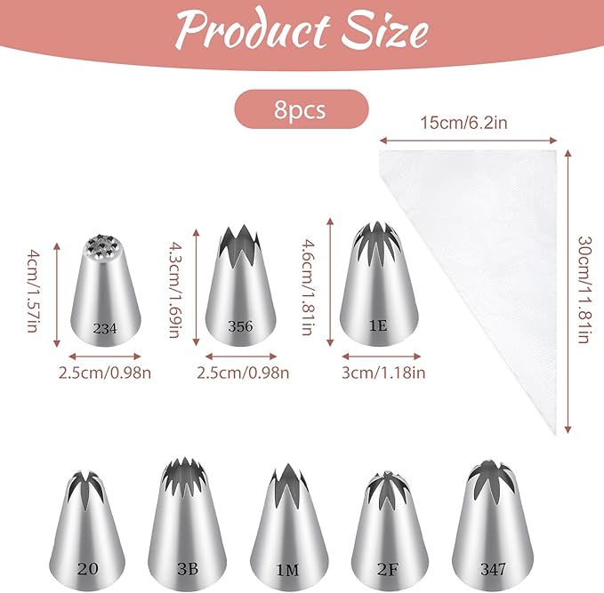 8PCS Large Piping Tips Set, Stainless Steel Cake Decorating Tips with 10pcs Piping Bags Pastry Cake Decorating Tip Baking Tools for Baking Cupcakes Decoration
