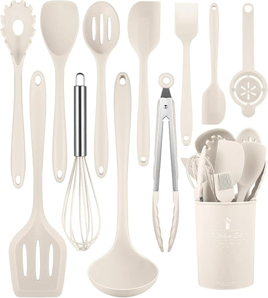 Khaki Kitchen Utensils Set-12 Pieces Silicone Cooking Utensils Set | Dishwasher Safe 392°F Heat Resistant Spatula Set Kitchen Utensil Set for Nonstick Cookware,Best Kitchen Tools with Holder by Pranski