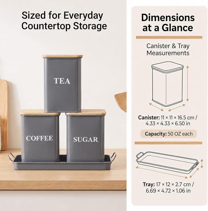 Coffee Tea Sugar Container Set , 50 oz Metal Kitchen Canisters-Gray | Countertop Storage Containers with Wood Lids and Tray, Storage Canister for Coffee Bar, Pantry and Farmhouse Kitchen Decor - Image 2
