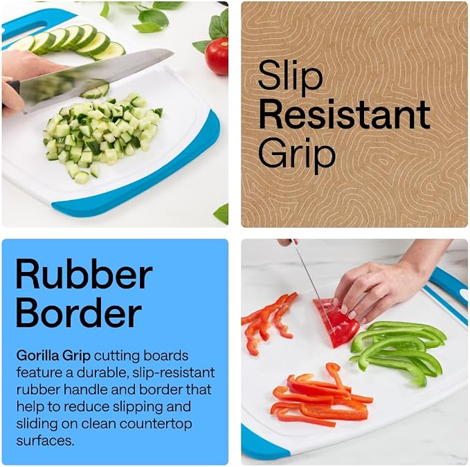 GORILLA GRIP BPA-Free Reversible Kitchen Cutting Board Set of 3, US Designed, Nonporous, Juice Grooves Catch Liquid, Slip Resistant Border, Dishwasher Safe Large Food Chopping Boards, Black Aqua Gray - Image 3