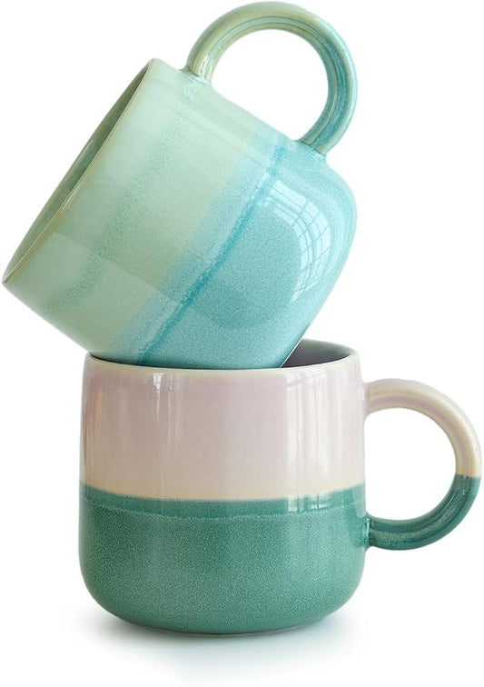 2 Pack Large Coffee Mugs 16 Oz - Hand Painted Gradient Ceramic Cups, Microwave & Dishwasher Safe. Aesthetic Pink Green Tea Mug Set for Women, Unique Kitchen Decor Gift by DelightsGalore