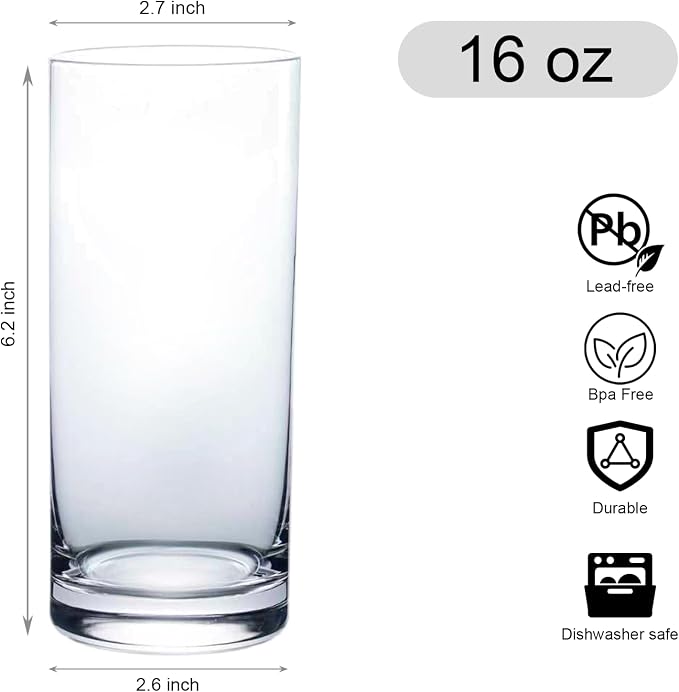 Drinking Glasses Set of 6, 16oz Crystal Highball Glasses, Clear Tall Glass Cups,Water Glass for Kitchen,Tom Collins,Juice,Whiskey,Mojito Cocktail Glasses for Bar Glassware,Gifts for Christmas - Image 3