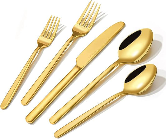KINGSTONE Gold Silverware Set, 60 Piece Flatware Cutlery Set for 12, 18/10 Stainless Steel Silverware Mirror Polished Dishwasher Safe for Home, Restaurant, Wedding, Party(Gold, 60 pieces for 12) by KINGSTONE