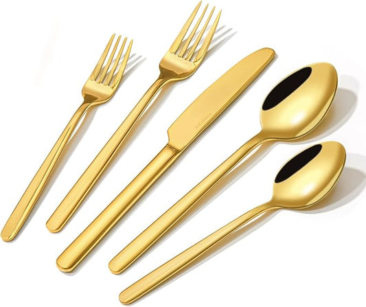 KINGSTONE Gold Silverware Set, 20 Piece Flatware Cutlery Set for 4, 18/10 Stainless Steel Silverware Mirror Polished Dishwasher Safe for Home, Restaurant, Wedding, Party(Gold, 20 pieces for 4) by KINGSTONE