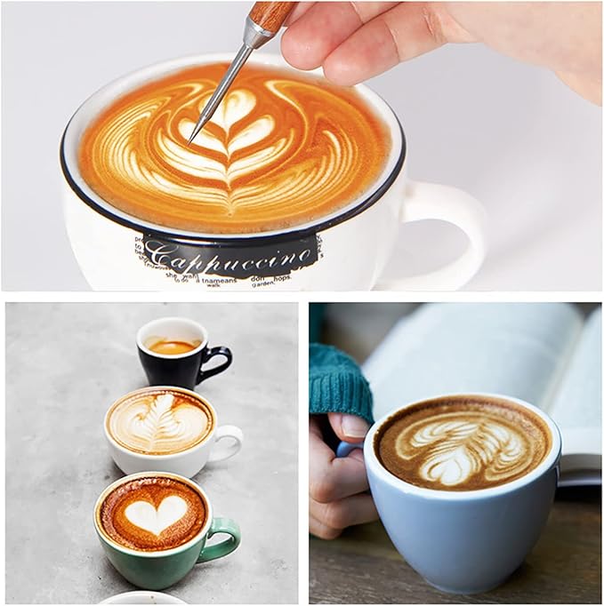 Stainless Steel Coffee Art Pen Coffee Fancy Stitch Barista Tool Coffee Latte Needle with Wood Handle Stainless Steel Coffee Fancy Needle Latte Art Pen for DIY Coffee Decor