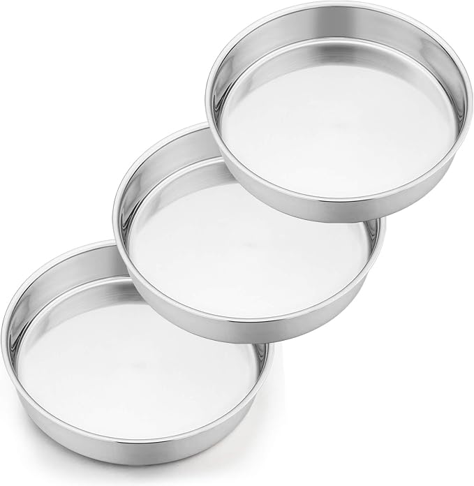 P&P CHEF 9.5 Inch Round Cake Pan Set of 3, Stainless Steel Baking Cake Pans | Round Baking Cake Pan Bakeware for Layer Birthday Cake, Fit Oven/Pots/Pressure Cooker, Leakproof & Dishwasher Safe, Silver by PPCHEF