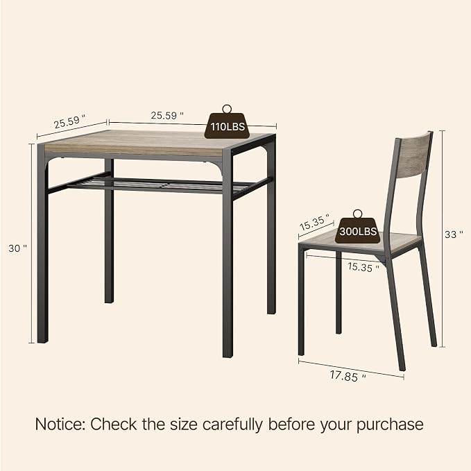 Gizoon 3-Piece Dining Table Set for 2, Small Kitchen Table & Chairs Grey | Compact grey 2-person dining set perfect for apartments. Features under-table storage rack and 2 chairs that tuck away. - Image 3
