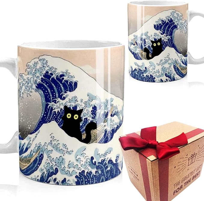 Famous Art Paintings Funny Cat Coffee Mug for Artist Teacher Cat Lovers, Famous Picture Classic Vincent Art Aesthetic Canvas Mug Birthday Gift for Women Man (The Great Wave) by SUUURA-OO