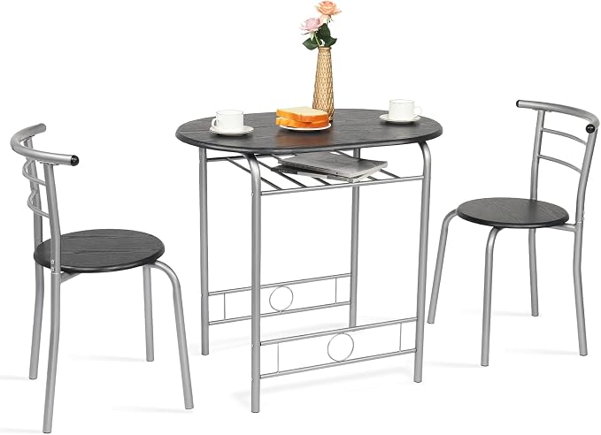 VINGLI 3 Piece Dining Set,Small Kitchen Table Set for 2,Breakfast Table Set,Kitchen Wooden Table and 2 Chairs for Small Space/Dining Room/Apartment,Metal Frame,Wine Rack,Sliver&Black by VINGLI