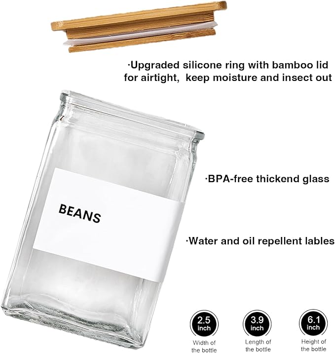 Glass Storage Jars with Bamboo Lids, 27oz Square Spice Jars for Kitchen Pantry Organization, Glass Seasoning Bottles Spice Containers with Labels for Cereal Flour Beans Tea - Image 8