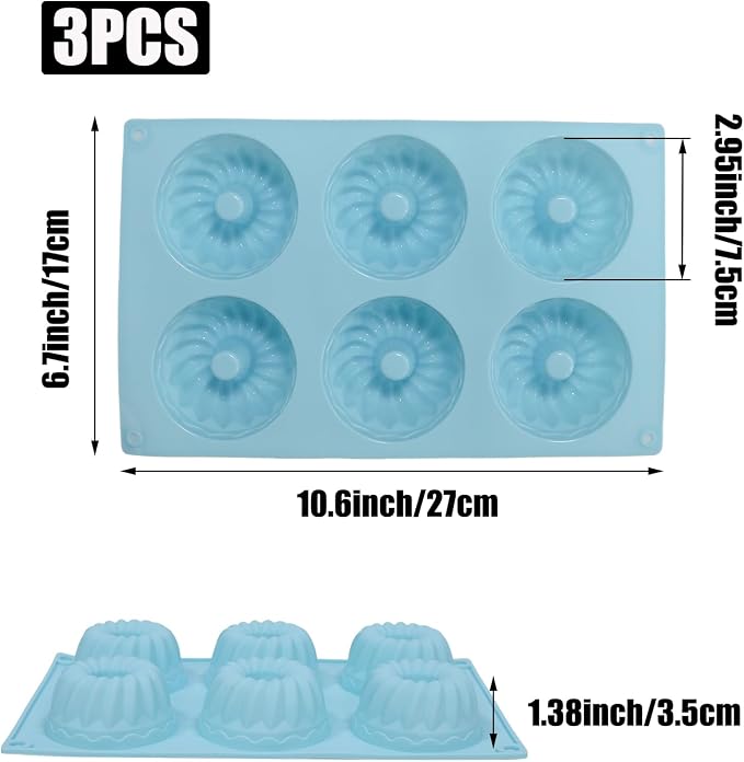 3 Pcs Mini Fluted Tube Cake Pan, 6-Cavity Silicone Non-Stick Small Cake Baking Mold for Cupcakes Cornbread Brownies Donuts Jello(Style4) - Image 2
