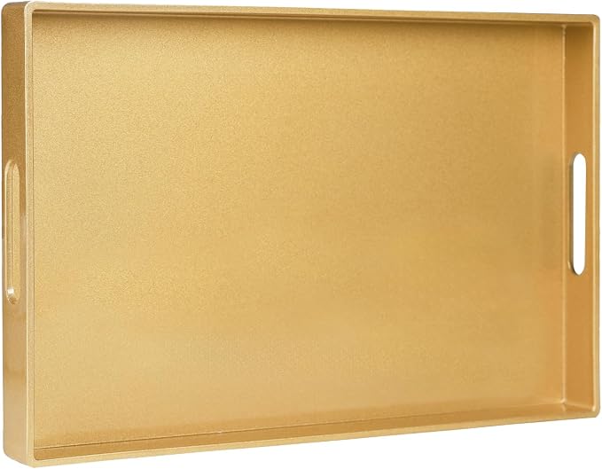 MAONAME Gold Decorative Tray for Coffee Table, Serving Tray with Handles | Plastic Melamine Tray, Modern Ottoman Tray, Rectangular Countertop Organizer Tray for Living Room, 15.8"L x 10.2"W x 1.4"H by MAONAME