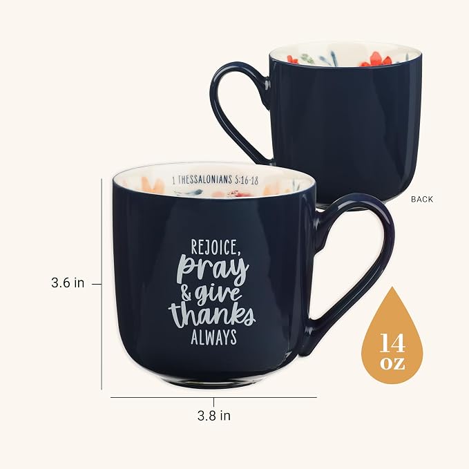 Christian Art Gifts Large Inspirational Ceramic Coffee & Tea Scripture Mug for Women: Rejoice, Pray & Give Thanks Encouraging Bible Verse, Microwave/Dishwasher Safe Cup, Navy & White Multicolor Floral - Image 2