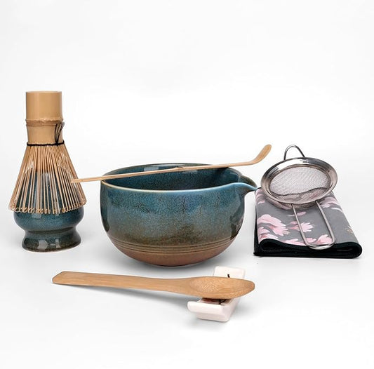 Joyscale Matcha Whisk Set, Matcha Set Whisk And Bowl, 8 Pcs Matcha Kit Set(Ancient Kiln Design), 14 OZ, Japanese Matcha Tea Set, Matcha Making Kit Gifts for Tea Lovers(Blue)