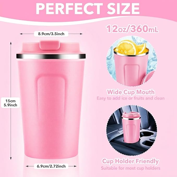 Volhoply 12 oz Double Wall Insulated Vacuum Travel Coffee Mug with Flip Lid,Reusable Stainless Steel Leak Proof Coffee Cup,Portable Iced Cafe Thermal Tumbler Suitable for Hot & Cold Drinks(Pink,1 Set) - Image 2