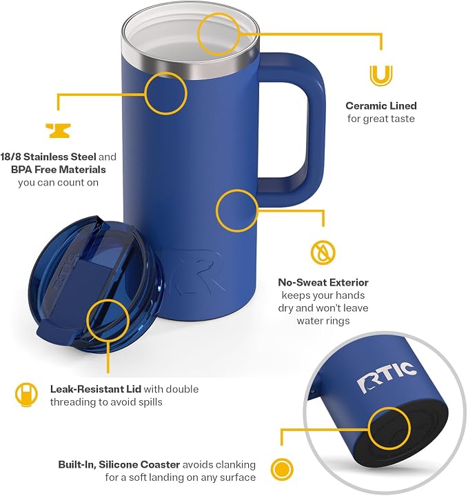 RTIC 16oz Road Trip Travel Mug with Lid and Handle, Ceramic Lined, Cobalt | Stainless Steel Metal, Insulated Travel Cup for Hot and Cold Drinks, Coffee, Car, Camping and Travel - Image 3