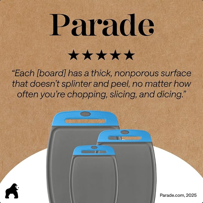 GORILLA GRIP BPA-Free Reversible Kitchen Cutting Board Set of 3, US Designed, Nonporous, Juice Grooves Catch Liquid, Slip Resistant Border, Dishwasher Safe, Durable Food Chopping Boards, Gray Aqua - Image 9
