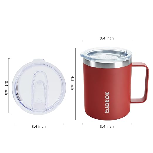 BJPKPK 2pcs Stainless Steel Insulated Coffee Mug, 14oz with Lid, Non Sweat Design-Red | Travel Coffee Mug with Handle, Vacuum Insulated Tumbler Cup for Camping, Office, Home, BPA Free Lid, Hot & Cold - Image 3
