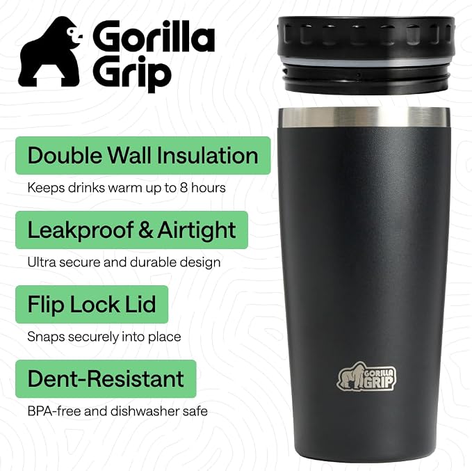 GORILLA GRIP 304 Stainless Steel Double Insulated Travel Coffee Mug, Leakproof Lid with Smooth Sip Top, Prevent Spills, Dent & Rust Resistant Reusable Tumbler Cup, Thermal Mugs for Drinks, 20oz, Black - Image 2