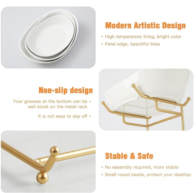 Ceramic Fruit Bowl for Kitchen Counter - 3 Tier Fruit Basket with Metal Stand, Tiered Fruit Stand for Countertop, Snack, Nuts, Cake, Dessert, Cute (Gold, Small) 1 - Image 3