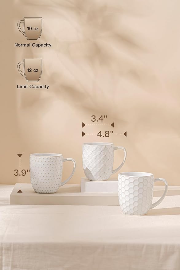 FOBENTA Ceramic Coffee Mugs Set of 4, 12oz Embossed Cups with Elegant Patterns – A Thoughtful Gift for Women, Mom, or Friends,Perfect for Tea, Latte, Cocoa (Arctic White, 12 OZ) - Image 2