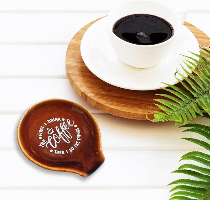 Littlefa Coffee Spoon Rest Holder-Coffee Bar Accessories-Rustic Brown | Farmhouse Ceramic Coffee Spoon Rest for Coffee Bar Accessories Essentials, Coffee Lovers Gifts, But First I Drink Sign - Image 5