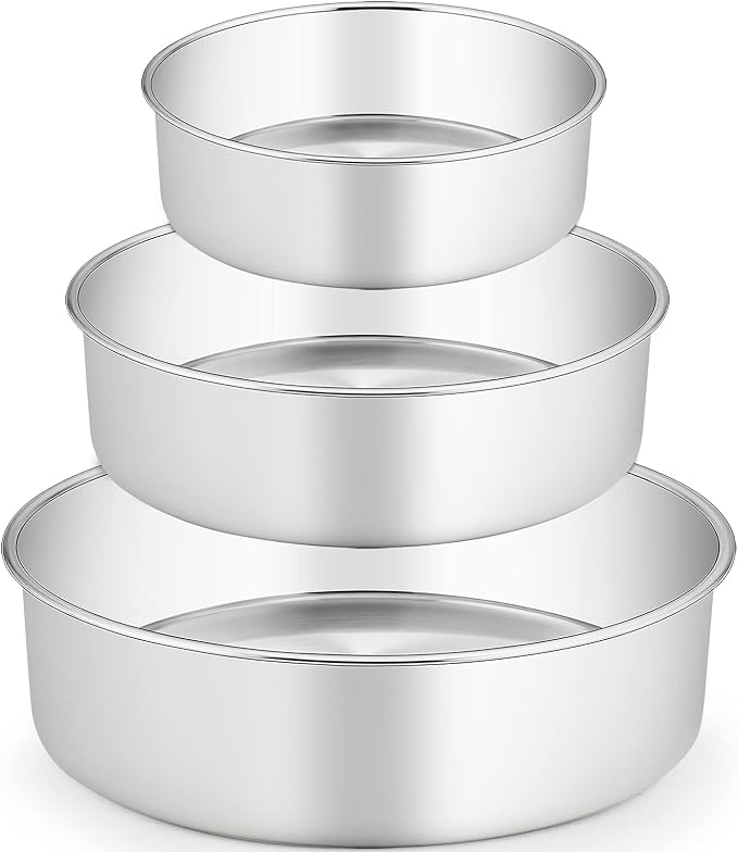 TeamFar Cake Pan, Stainless Steel Round Baking Pans Set for Layer Cake Pie | 6'' & 8'' & 9½'', Smash Cake Pan Tins 3”H, Baking Steaming Serving at Wedding Camping Bakery, Oven & Dishwasher Safe - 3 PCS by TeamFar