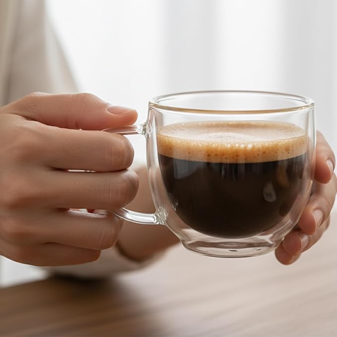Double Wall Glass Coffee Mugs with Handle, 7.4 oz (220ml) Clear Insulated Espresso Cups for Cappuccino, Latte, Hot Tea & Cold Drinks, Microwave Safe Borosilicate Glassware, Set of 2 (6oz(2-pack)) - Image 5