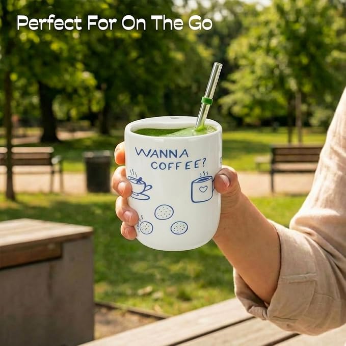 Ceramic Travel Mug with Half Lid, Funny Blue Pattern Ceramic Coffee Mug with Sip Hole, 12oz Ceramic To Go Cup, Unique Gift for Coffee Tea Lovers - Image 9