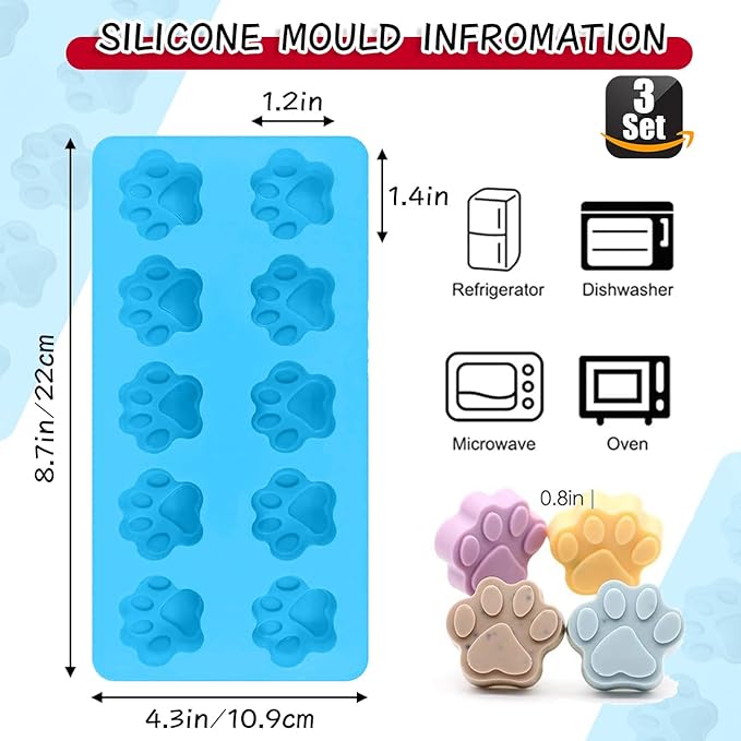 Silicone Ice Molds Trays with Puppy Dog Paw and Bone Shape,Non-Stick Food Grade Silicone Molds for Chocolate, Candy, Jelly - Blue, Red, Purple