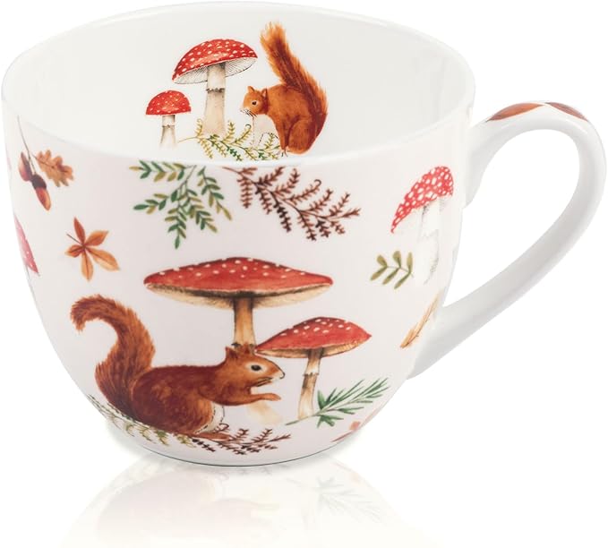 Autumn Squirrel Hug Mug – 20oz Bone China Coffee Mug, Cozy Fall Mushroom Forest Design, Gift for Nature Lovers and Friends, Designed in England by Harvest Green Studio by MFoffice