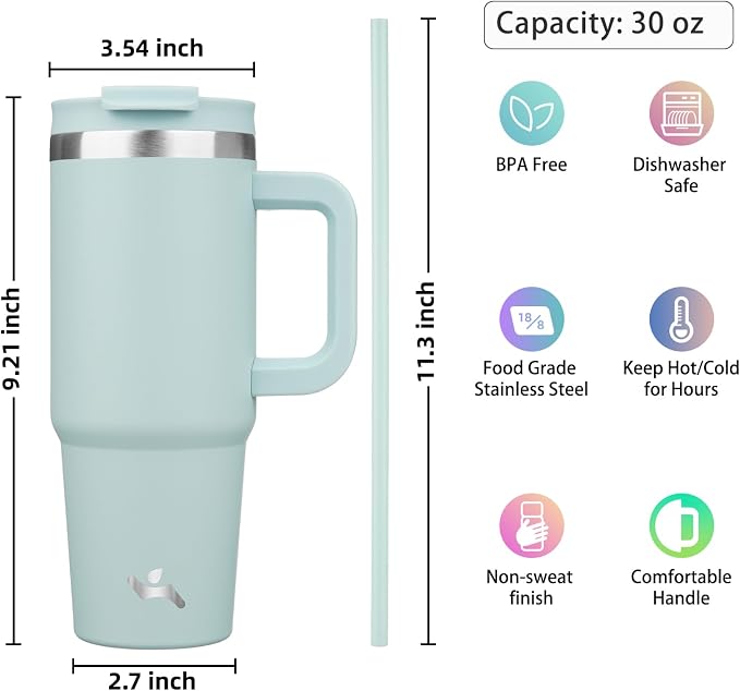 Konokyo 30 oz Insulated Tumbler Water Bottle with Handle, Straw Lid | BPA-free and dishwasher safe; made for gym, travel, coffee and gifting, 2 straws, cup holder friendly,Blue Haze - Image 4