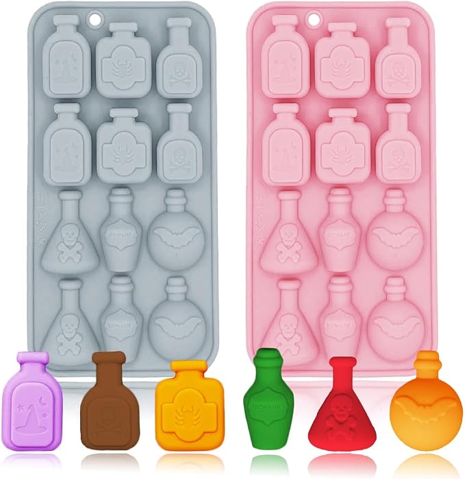 2 Pack 3D Apothecary Potion Bottle Silicone Molds 12 Cavity Halloween Themed Baking Mould Tray DIY Baking Tool for Chocolate Cake Dessert Candy Mousse Pastry Handmade Soap Crayons Cupcake Topper by BENEKIY