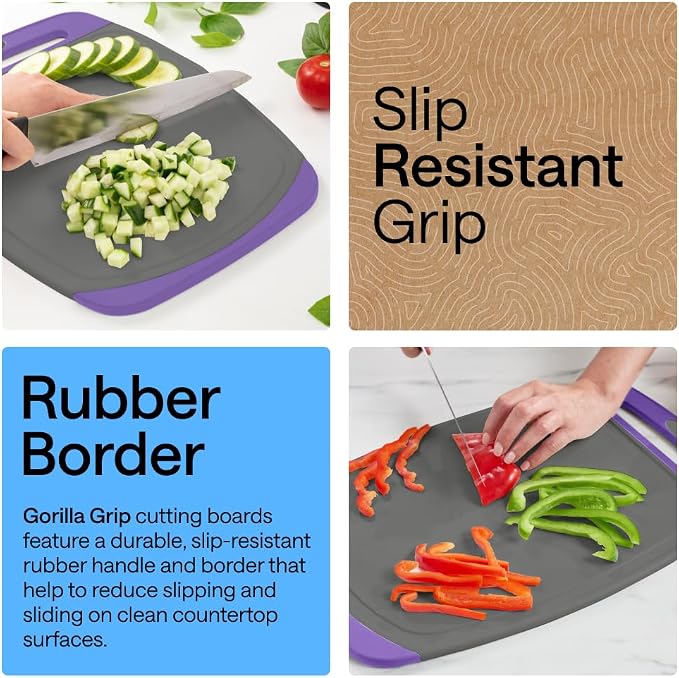 GORILLA GRIP BPA-Free Reversible Kitchen Cutting Board Set of 3, US Designed, Nonporous, Juice Grooves Catch Liquid, Slip Resistant Border, Dishwasher Safe, Durable Food Chopping Boards, Gray Purple - Image 3