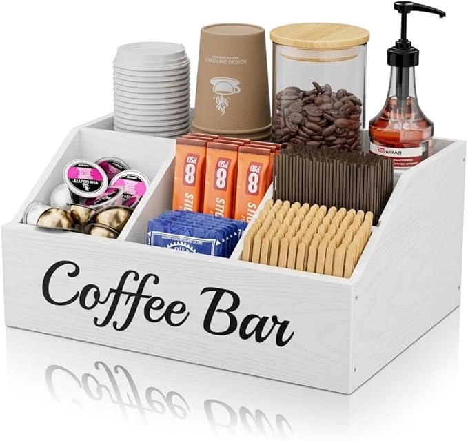 Coffee Station Organizer for Countertop – Wooden Coffee Bar Organizer with Adjustable Dividers,Holds K Cup Pod & syrup bottles, for Kitchen, Office, or Bar and Tea Station, White by Unknown