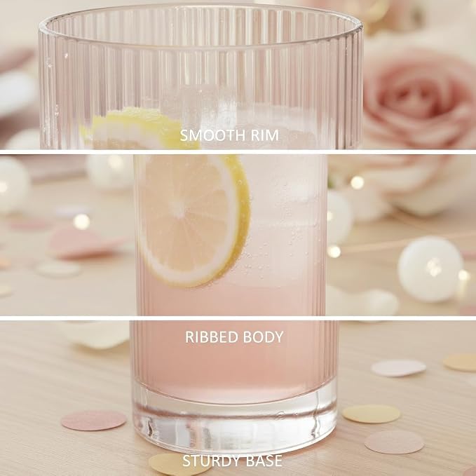 Physkoa Peach Ribbed Drinking Glasses Set of 6 – Vintage Embossed Highball Glassware, Thick Premium Tumbler Cups for Water, Cocktails, Iced Coffee, Modern Kitchen Bar Gift Set - Image 4