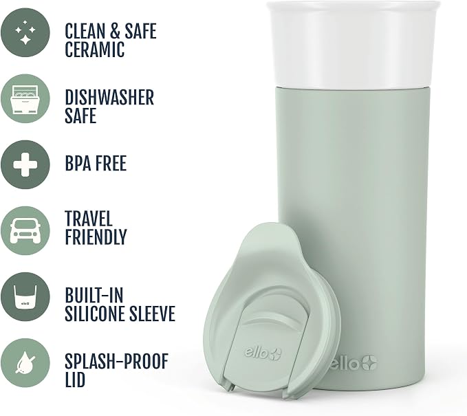 Ello Ogden 16oz Ceramic Travel Mug with Slider Lid and Sleeve, Honeydew | Splash-resistant ceramic travel mug with slider lid and protective silicone sleeve. BPA-free, great for coffee and tea. - Image 3