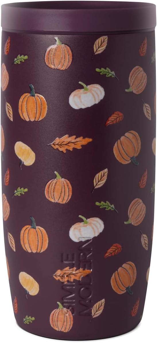 Simple Modern Halloween Travel Coffee Mug 360° Lid | 16oz | Pumpkins | Voyager Ceramic-Lined Insulated Stainless Steel Coffee Tumbler, Iced Coffee Cup, Mug with Lid | Pumpkin & Leaves by Unknown