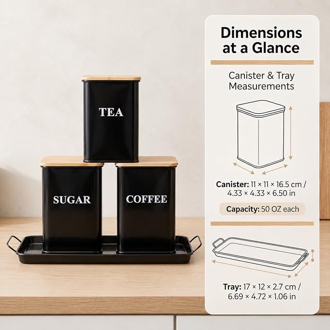 Coffee Tea Sugar Container Set , 50 oz Metal Kitchen Canisters-Black | Countertop Storage Containers with Wood Lids and Tray, Storage Canister for Coffee Bar, Pantry and Farmhouse Kitchen Decor - Image 3