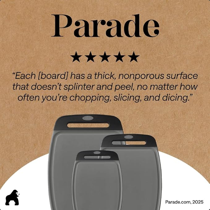 GORILLA GRIP BPA-Free Reversible Kitchen Cutting Board Set of 3, US Designed, Nonporous, Juice Grooves Catch Liquid, Slip Resistant Border, Dishwasher Safe, Durable Food Chopping Boards, Gray Black - Image 9
